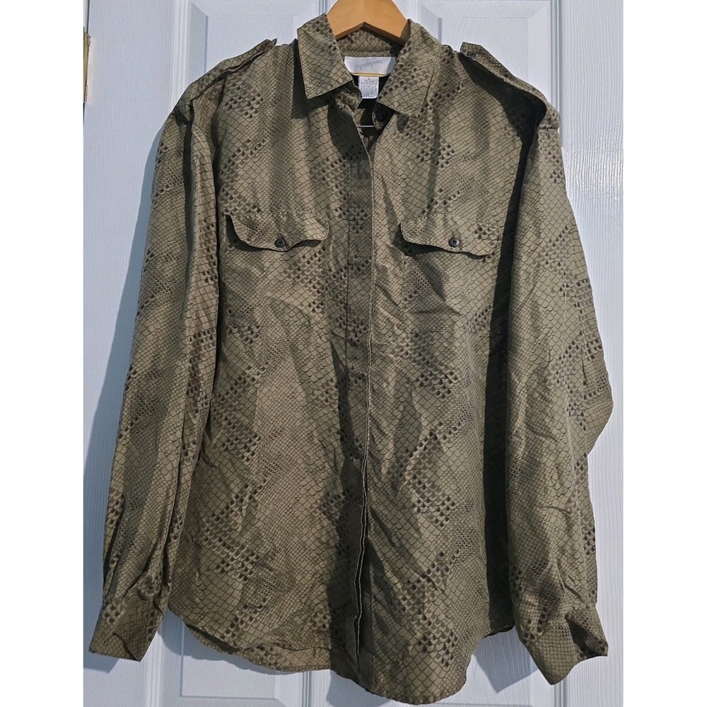 Y2K Jacqueline Ferrar 100% Silk Snakeskin Mob Wife Button Down Sz L Olive/Khaki